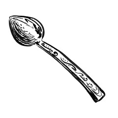 Black and white hand-drawn illustration of kitchen objects: wooden tray, cup, spoon, napkin, strawberry, and pie slice. Perfect for food design, menu decoration, coloring pages, and cafe artwork.