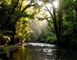 Obraz premium Lush forest river scene at sunrise