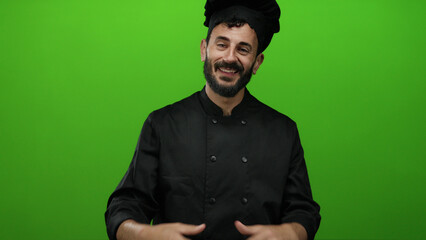 Hispanic man chef with a beard gestures in front of a bright green background wearing a black...