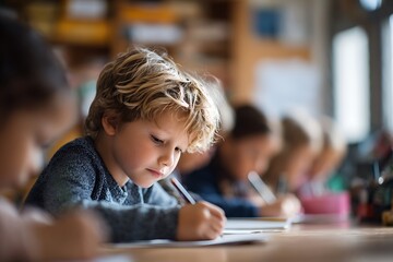 A focused young boy in class, symbolizing the quiet struggle with learning challenges, academic pressure, and the need for personalized educational support.
