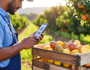 Agricultural worker scans QR code on a smartphone next to a crate of fresh fruit in an orchard
