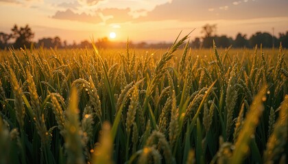 Fototapeta premium A vast field of golden grain, glistening with dew drops, bathed in the warm light of a beautiful sunrise.