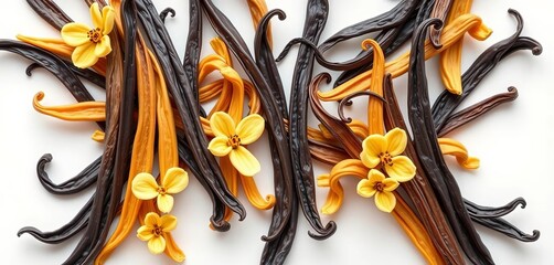 Whimsical vanilla stick arrangements, forming abstract patterns showcasing rich aroma & flavor, vanilla, wood