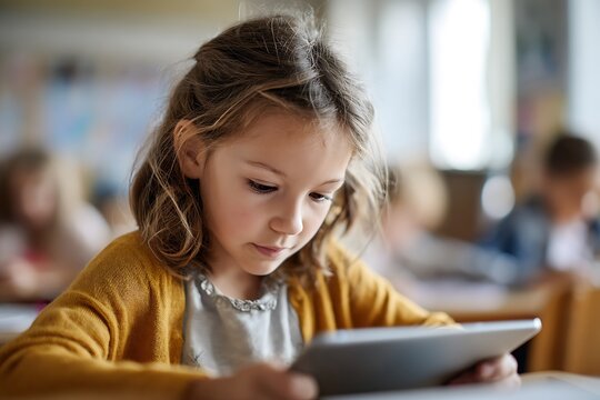 Focused student using a tablet in a classroom, representing modern interactive learning and technology integration in education. Ideal for promoting digital literacy and innovative teaching methods.