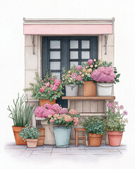 Fototapeta premium Charming Floral Shop Exterior Watercolor Illustration