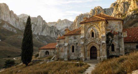 Fototapeta premium Medieval architecture in mountainous landscape with dramatic cliffs and serene nature, perfect for travel and adventure enthusiasts - AI Generated Digital Art