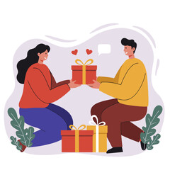 Couple exchanging gifts in a festive setting with plants and decor  