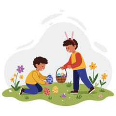 Fototapeta premium Two boys hunting Easter eggs in a garden with colorful flowers 