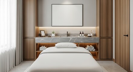 Luxurious spa treatment room with massage bed and modern decor