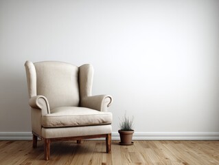 A light beige wingback armchair sits gracefully in a bright, minimalist room, highlighting the simple elegance of classic interior design.