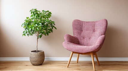 A stylish, modern room featuring a lush houseplant and a comfortable, blush-colored armchair, bathed in soft natural light.