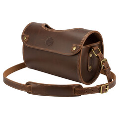 Brown leather camera bag with shoulder strap isolated on transparent background