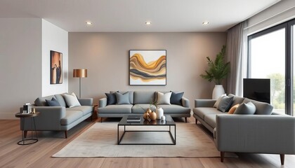 Modern minimalist living room with grey sofa, coffee table, and stylish decor, decor, contemporary