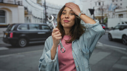 Fototapeta premium Hispanic woman holding wrench in city street with surprised expression and cars in background captures a playful urban scene showcasing her interesting adventure outdoors.