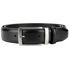 Elegant black leather belt with silver buckle isolated on transparent background