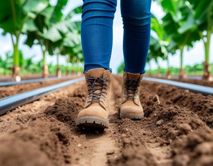Walking Boots in Banana Plantation A Ground-Level Perspective of Agriculture