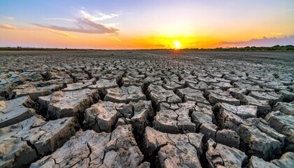 Cracked earth under a warm sky. The barren land stretches into the distance as the sun sets, casting a golden glow on the parched terrain