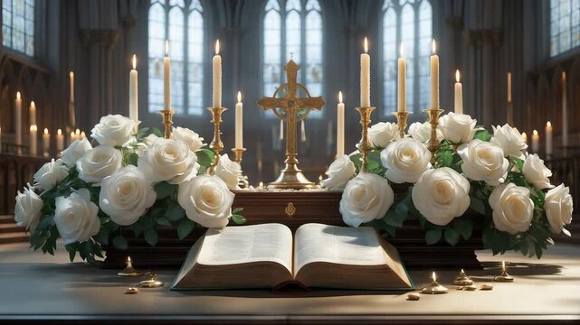 Open Bible with white rose flower arrangements, golden cross, and glowing candles inside a grand cathedral with stained glass windows - Powered by Adobe
