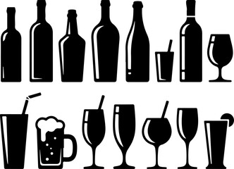 Cheers to the Night drinks, beverages  beer, wine glassware, bottle, mug,  vector bundle