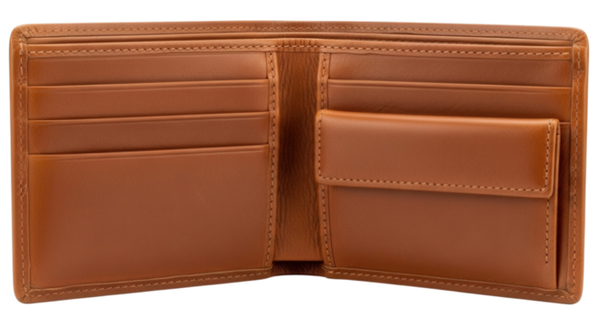 Open brown leather wallet isolated on transparent background in studio shot