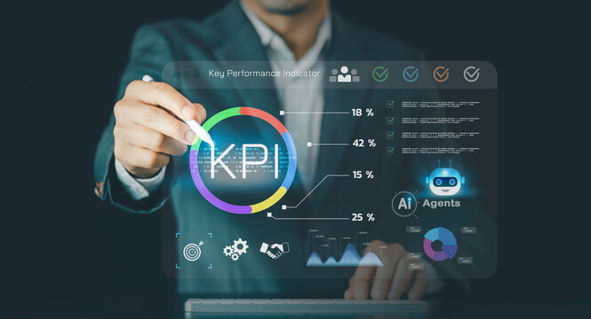 KPI, Key Performance Indicator dashboard business analytics interacting with digital performance data showing AI agents-driven metrics, productivity tracking goal measurement smart business insights