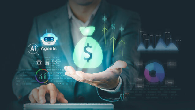 Data analysis, agentic AI fintech technology, automation systems to help make money, Financial artificial intelligence, business growth, investment economic forecast, secure digital banking strategy