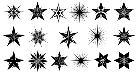 Diverse black starburst designs in geometric silhouette style for creative projects