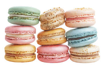Colorful Macarons: A delightful array of pastel-colored macarons, each a miniature work of art. Delicate cookies stacked in vibrant towers, showcasing the perfect textures and flavors.