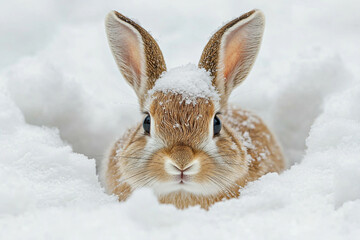 Adorable white and orange rabbit sitting on snow in soft winter light with falling snowflakes, generative ai animal scene