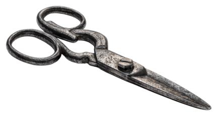 Vintage metal scissors isolated, presented with artistic dramatic lighting on transparent