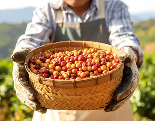 Farmer holding a basket of freshly picked red and green coffee cherries in a plantation
