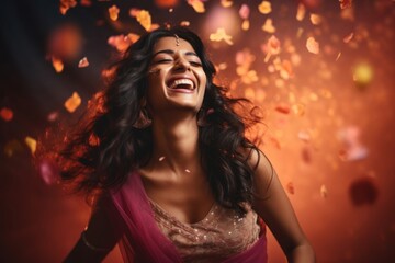Indian woman gorgeous celebrating laughing adult illuminated.