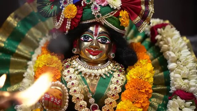 Ornate Deity with Temple, Flowers, and Flame.