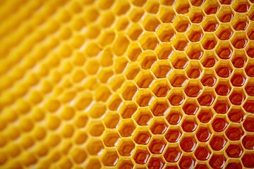 Golden Honeycomb Macro Pattern with Rich Syrup Dripping, A Natural Geometric Wonder of Sweetness