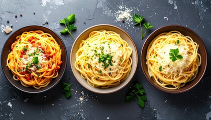 Three bowls of spaghetti with different sauces on a textured gray surface, garnished with herbs and cheese, viewed from above