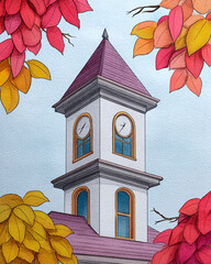Autumnal Clock Tower Illustration