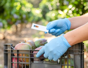 Farmer in gloves checking quality of mangoes with a test strip in a crate
