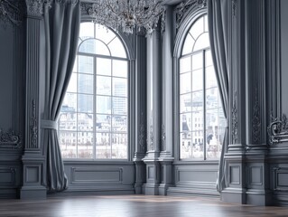 A grand, dark gray room with ornate details, showcasing large arched windows and city views.