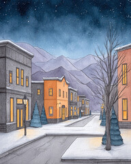 Charming Winter Village at Night