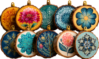 Colorful set of handpainted wood slice ornaments isoate on white background, st includes floral, festiveand folk patterns, rustic raft isolate concept for hliday and decor