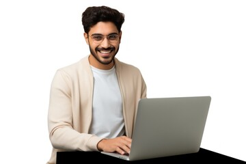 Smiling man using laptop
