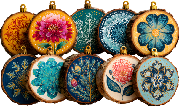 Colorful set of handpainted wood slice ornaments isoate on white background, st includes floral, festiveand folk patterns, rustic raft isolate concept for hliday and decor