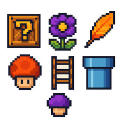 Six 8-bit icons: question box, flower, feather, mushrooms, ladder, blue pipe. Retro pixel style for games and UI