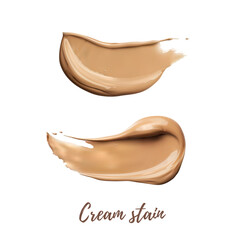 Smear of beige cream on white isolated background top view. 3d Realistic cream texture. Cosmetic swatch texture. Vector mesh cream stain. Skincare beauty element. Nude color cream. Brown dark cream ba