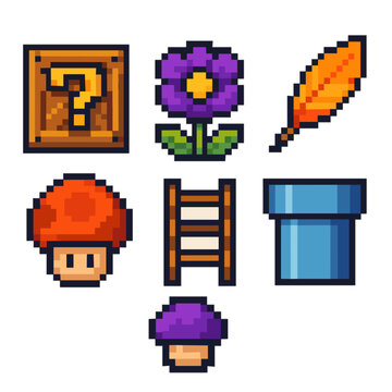 Six 8-bit icons: question box, flower, feather, mushrooms, ladder, blue pipe. Retro pixel style for games and UI
