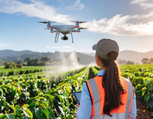 Modern agricultural innovation A female expert utilizes drone technology for efficient crop surveillance and data collection in a vast plantation