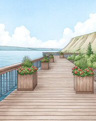 Serene Lakeside Dock with Blooming Flowers