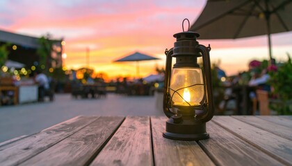A warm, antique lantern sits on a weathered wooden table, with a colorful, out-of-focus outdoor dining scene in the golden light of dusk