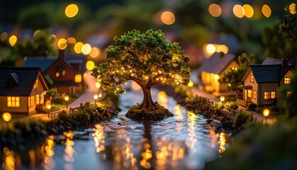 Miniature village with lit houses flanking a canal.  A tree adorned with lights sits in the canal, reflecting in the water. Soft bokeh lights in background