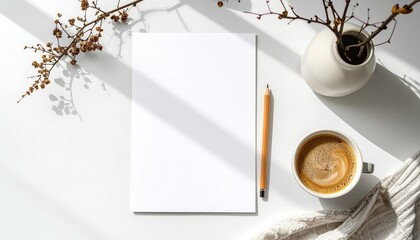 Overhead shot blank paper, pencil, coffee, knitwear, dried plant in a vase on a bright white surface with soft sunlight
